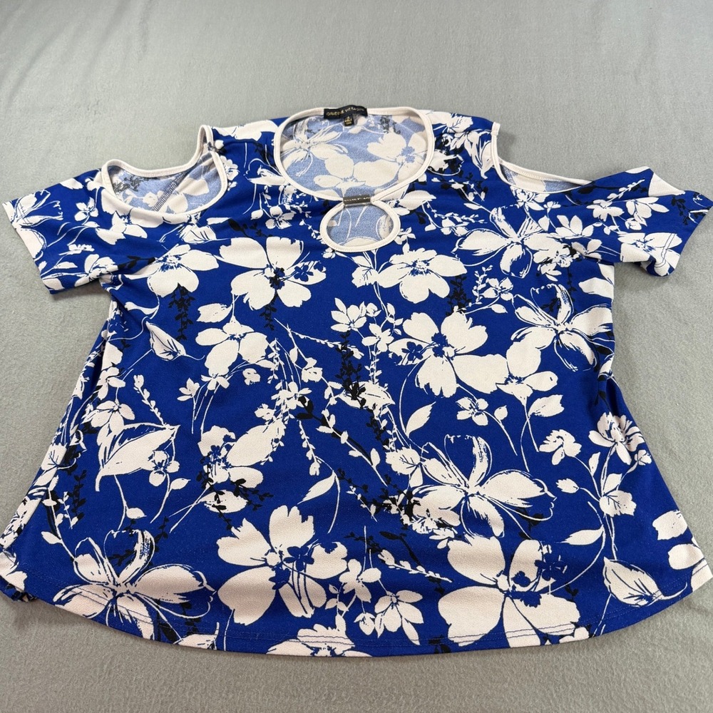 Adrienne Vittadini Blue White Floral Cold Shoulder Keyhole Blouse XL